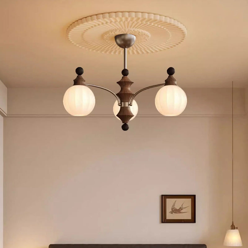 Contemporary Retro Wood Iron Glass Ball Bamboo Column 3/5/8 Light Chandeliers For Living Room