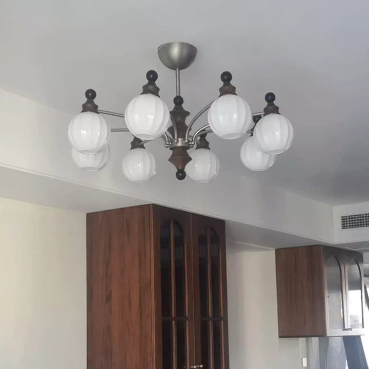 Zeitgenössische Retro Holz Eisen Glas Kugel Bambus Säule 3/5/8 Licht Kronleuchter für Wohnzimmer 