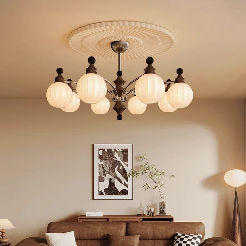 Contemporary Retro Wood Iron Glass Ball Bamboo Column 3/5/8 Light Chandeliers For Living Room