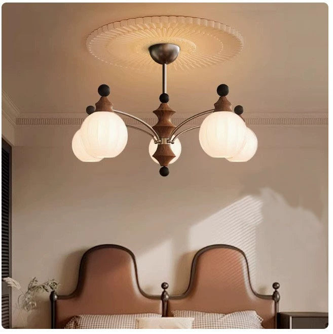 Contemporary Retro Wood Iron Glass Ball Bamboo Column 3/5/8 Light Chandeliers For Living Room