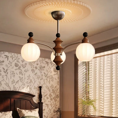 Contemporary Retro Wood Iron Glass Ball Bamboo Column 3/5/8 Light Chandeliers For Living Room