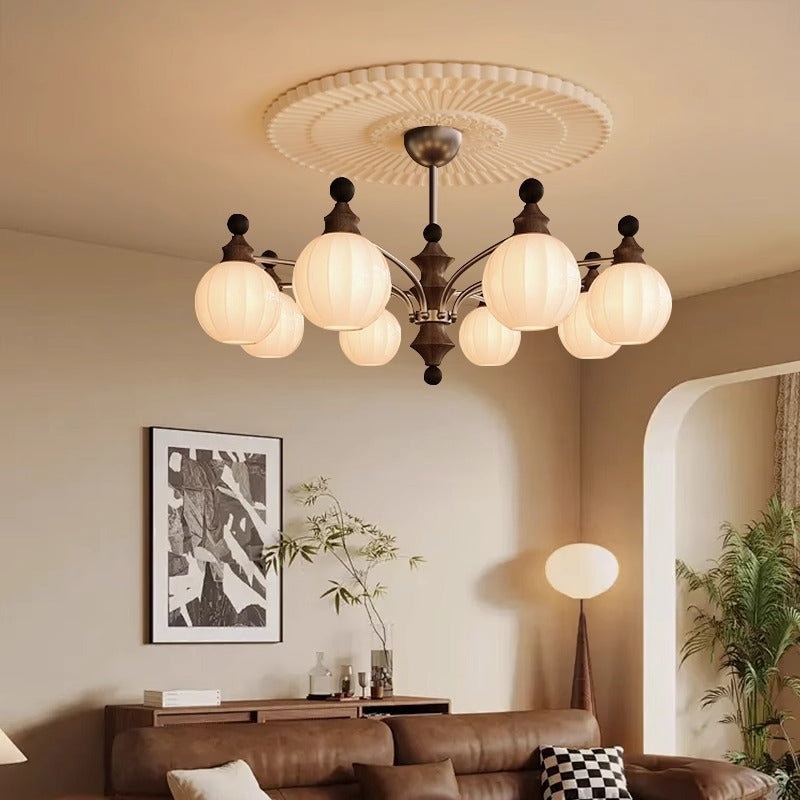 Contemporary Retro Wood Iron Glass Ball Bamboo Column 3/5/8 Light Chandeliers For Living Room