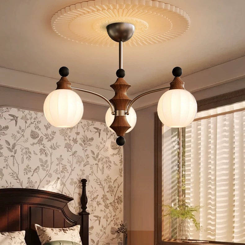 Contemporary Retro Wood Iron Glass Ball Bamboo Column 3/5/8 Light Chandeliers For Living Room