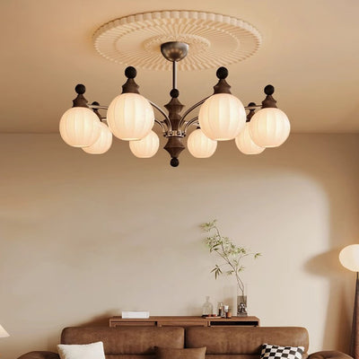 Contemporary Retro Wood Iron Glass Ball Bamboo Column 3/5/8 Light Chandeliers For Living Room