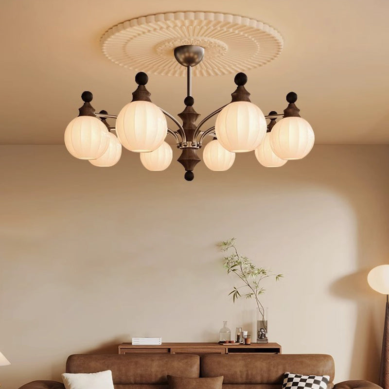 Contemporary Retro Wood Iron Glass Ball Bamboo Column 3/5/8 Light Chandeliers For Living Room