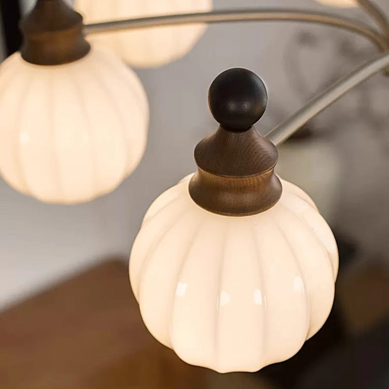 Contemporary Retro Wood Iron Glass Ball Bamboo Column 3/5/8 Light Chandeliers For Living Room