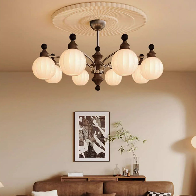 Contemporary Retro Wood Iron Glass Ball Bamboo Column 3/5/8 Light Chandeliers For Living Room