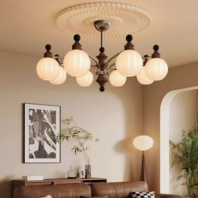 Contemporary Retro Wood Iron Glass Ball Bamboo Column 3/5/8 Light Chandeliers For Living Room