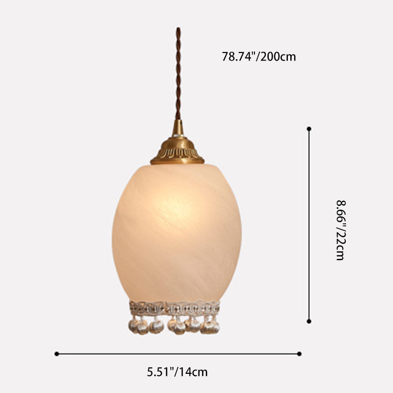 Lámpara colgante de una luz tradicional europea de cobre, vidrio, seda, alambre, borla, cúpula, ovalada para mesita de noche 
