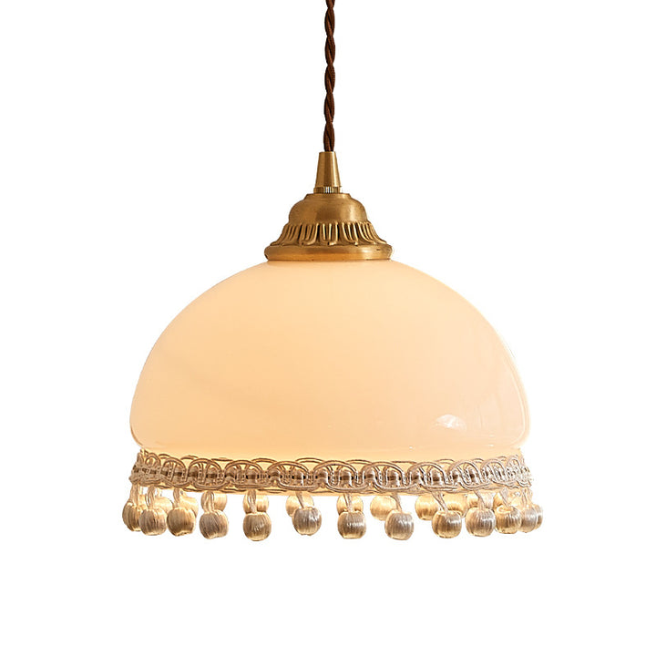 Traditionelle europäische Kupfer-Glas-Seide-Draht-Quaste-Kuppel-Oval-1-Licht-Pendelleuchte für das Nachtkästchen 