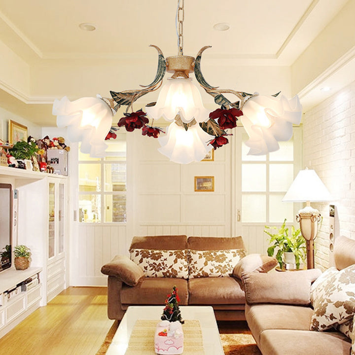 Traditional Farmhouse Iron Glass Floral Leaf Rose 4/6/9 Light Chandeliers For Living Room
