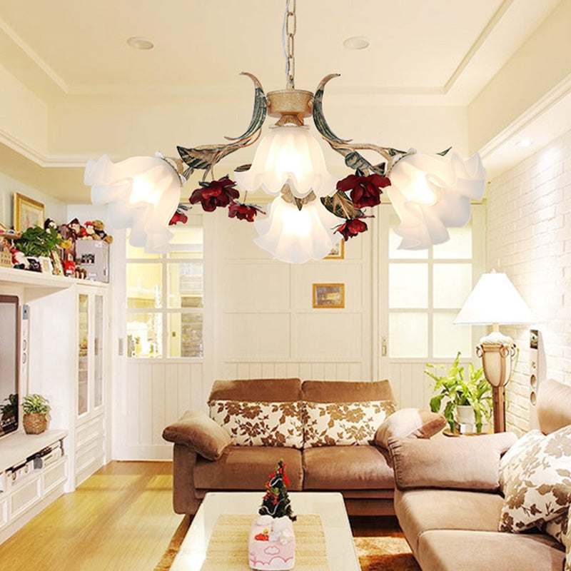 Traditional Farmhouse Iron Glass Floral Leaf Rose 4/6/9 Light Chandeliers For Living Room