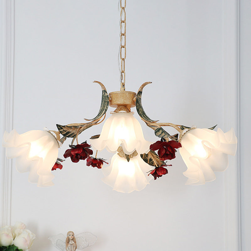Traditional Farmhouse Iron Glass Floral Leaf Rose 4/6/9 Light Chandeliers For Living Room