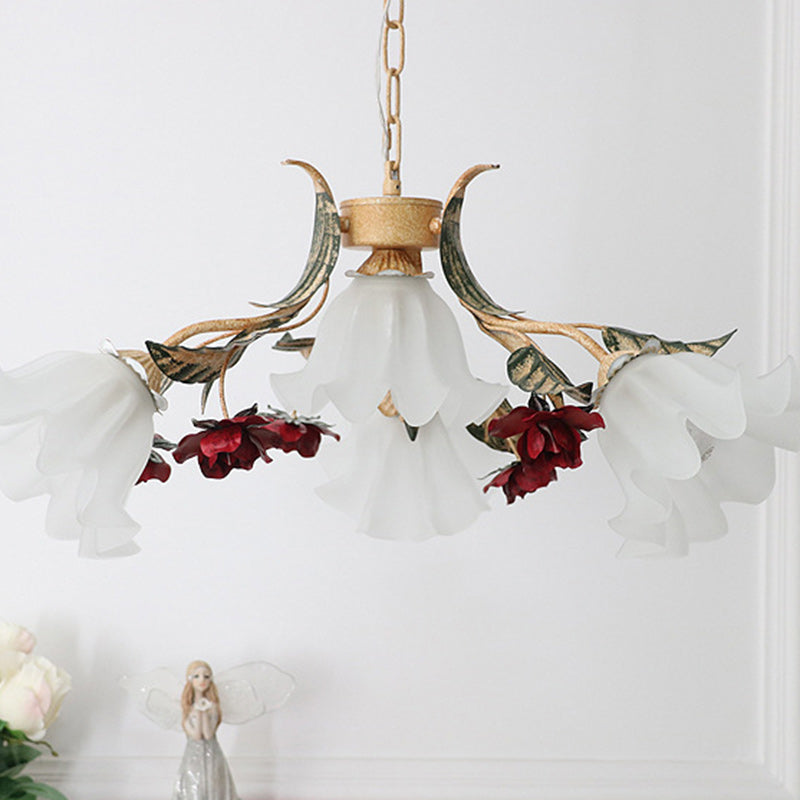 Traditional Farmhouse Iron Glass Floral Leaf Rose 4/6/9 Light Chandeliers For Living Room