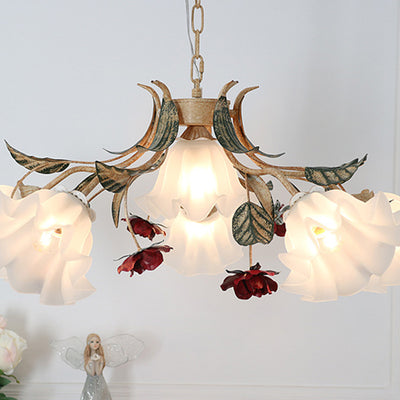 Traditional Farmhouse Iron Glass Floral Leaf Rose 4/6/9 Light Chandeliers For Living Room