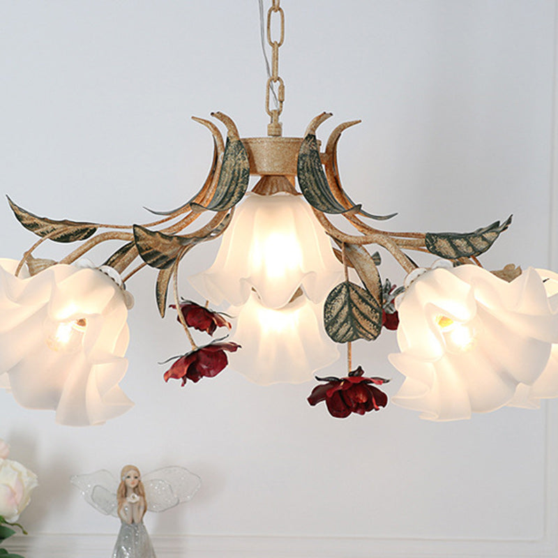 Traditional Farmhouse Iron Glass Floral Leaf Rose 4/6/9 Light Chandeliers For Living Room