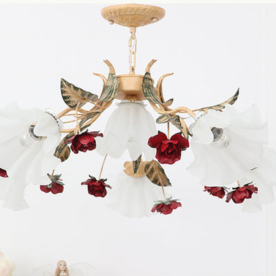 Traditional Farmhouse Iron Glass Floral Leaf Rose 4/6/9 Light Chandeliers For Living Room