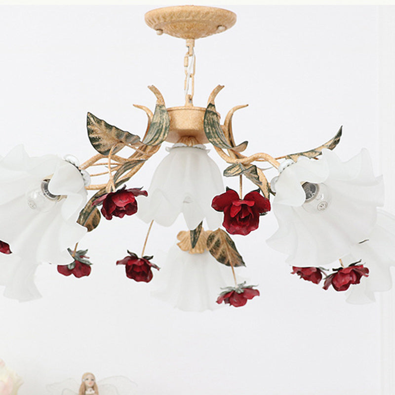 Traditional Farmhouse Iron Glass Floral Leaf Rose 4/6/9 Light Chandeliers For Living Room