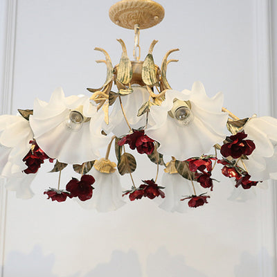 Traditional Farmhouse Iron Glass Floral Leaf Rose 4/6/9 Light Chandeliers For Living Room