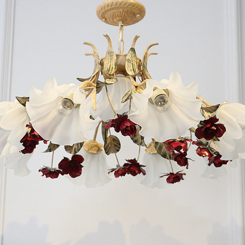 Traditional Farmhouse Iron Glass Floral Leaf Rose 4/6/9 Light Chandeliers For Living Room