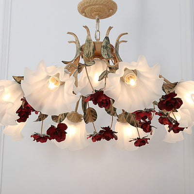 Traditional Farmhouse Iron Glass Floral Leaf Rose 4/6/9 Light Chandeliers For Living Room
