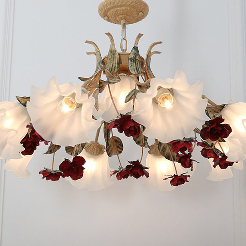 Traditional Farmhouse Iron Glass Floral Leaf Rose 4/6/9 Light Chandeliers For Living Room