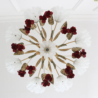 Traditional Farmhouse Iron Glass Floral Leaf Rose 4/6/9 Light Chandeliers For Living Room