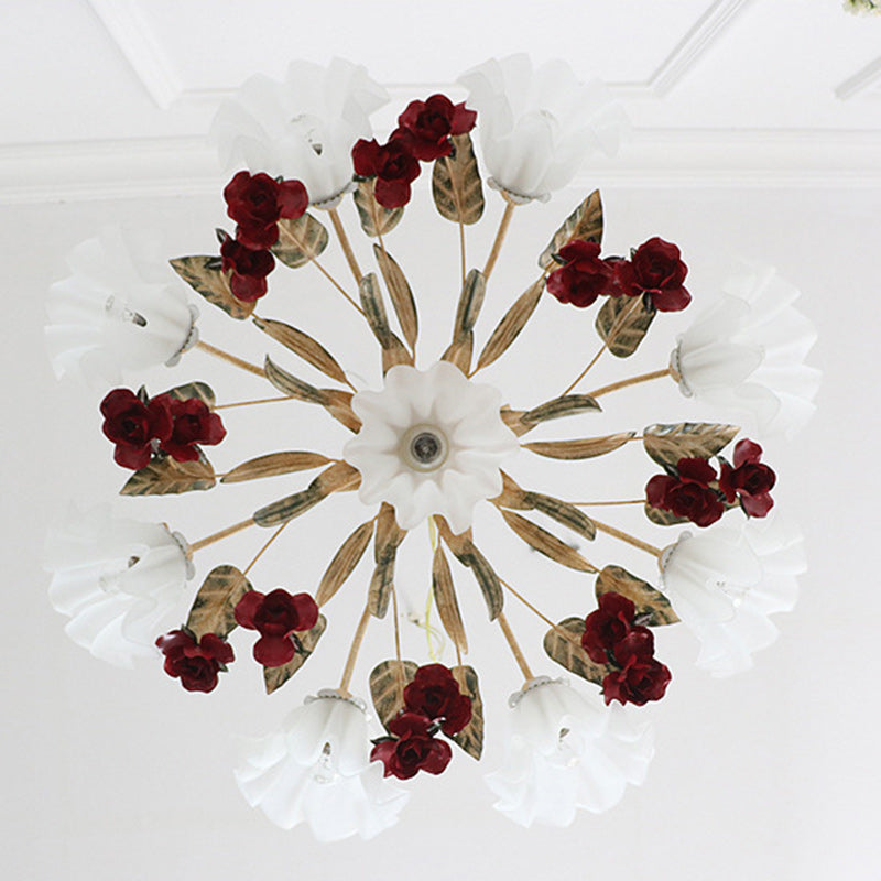 Traditional Farmhouse Iron Glass Floral Leaf Rose 4/6/9 Light Chandeliers For Living Room