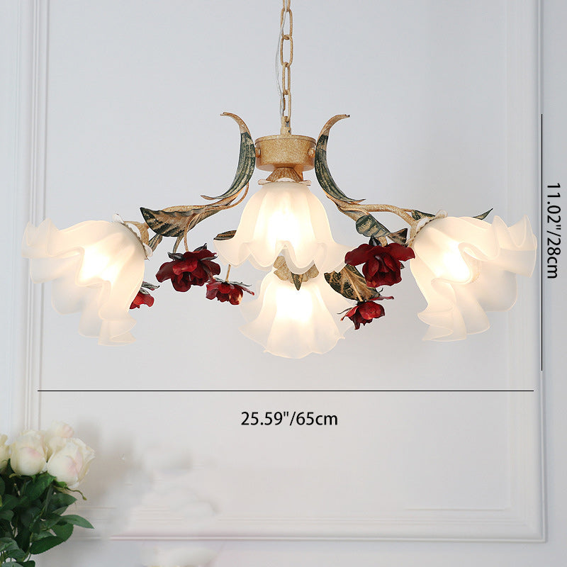 Traditional Farmhouse Iron Glass Floral Leaf Rose 4/6/9 Light Chandeliers For Living Room
