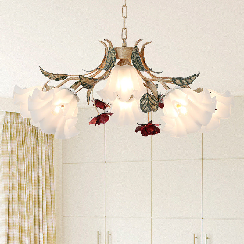 Traditional Farmhouse Iron Glass Floral Leaf Rose 4/6/9 Light Chandeliers For Living Room