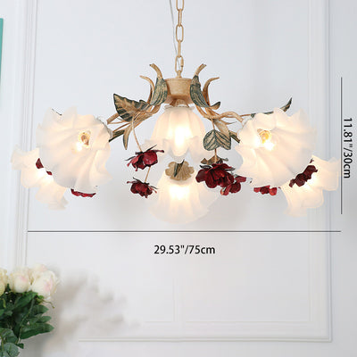 Traditional Farmhouse Iron Glass Floral Leaf Rose 4/6/9 Light Chandeliers For Living Room