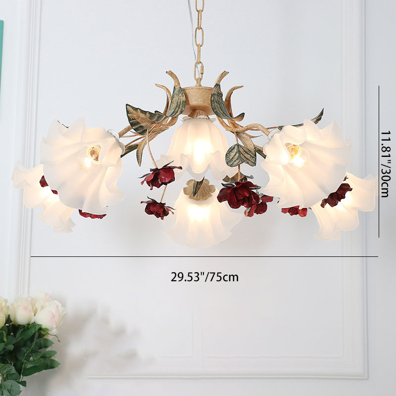 Traditional Farmhouse Iron Glass Floral Leaf Rose 4/6/9 Light Chandeliers For Living Room