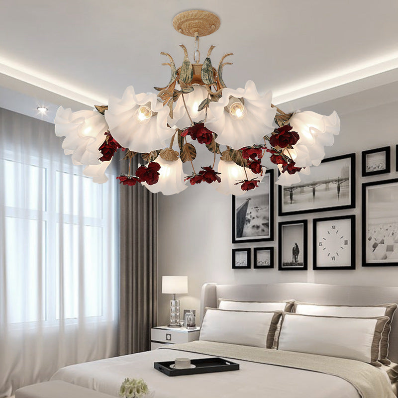 Traditional Farmhouse Iron Glass Floral Leaf Rose 4/6/9 Light Chandeliers For Living Room