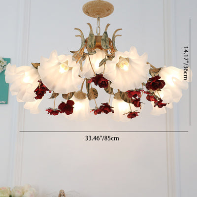 Traditional Farmhouse Iron Glass Floral Leaf Rose 4/6/9 Light Chandeliers For Living Room