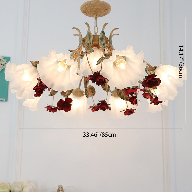 Traditional Farmhouse Iron Glass Floral Leaf Rose 4/6/9 Light Chandeliers For Living Room