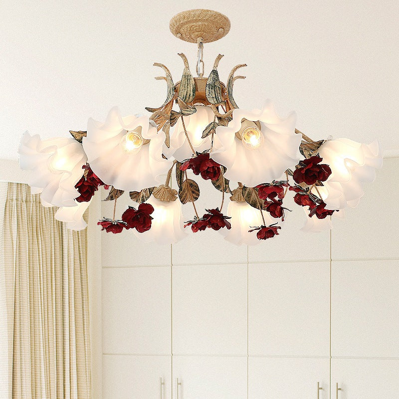 Traditional Farmhouse Iron Glass Floral Leaf Rose 4/6/9 Light Chandeliers For Living Room