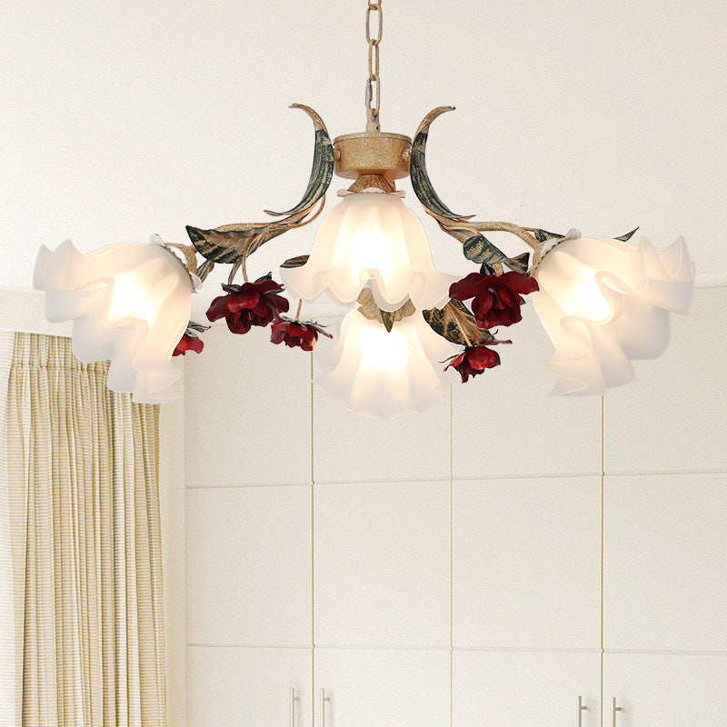 Traditional Farmhouse Iron Glass Floral Leaf Rose 4/6/9 Light Chandeliers For Living Room