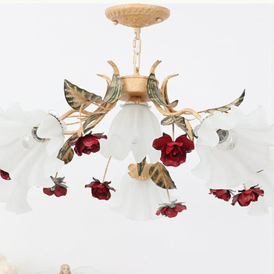 Traditional Farmhouse Iron Glass Floral Leaf Rose 4/6/9 Light Chandeliers For Living Room