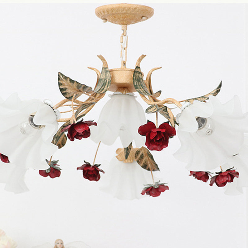 Traditional Farmhouse Iron Glass Floral Leaf Rose 4/6/9 Light Chandeliers For Living Room