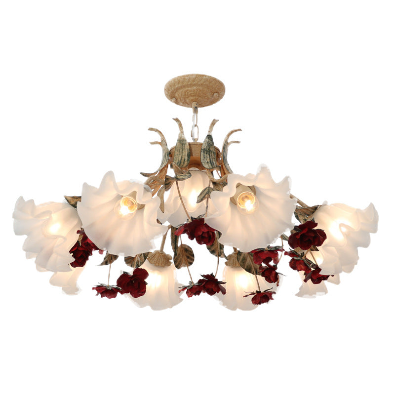 Traditional Farmhouse Iron Glass Floral Leaf Rose 4/6/9 Light Chandeliers For Living Room