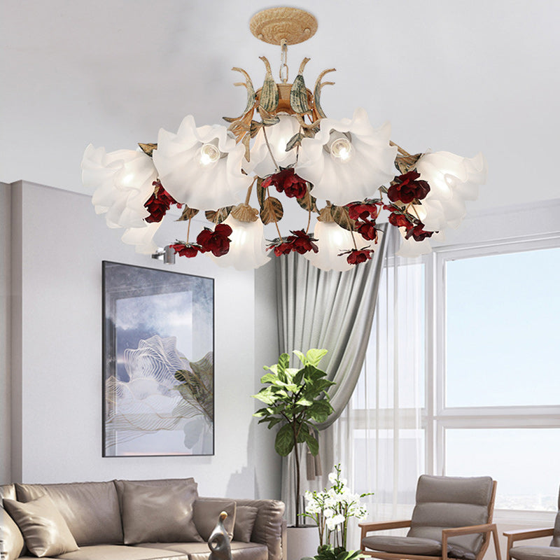 Traditional Farmhouse Iron Glass Floral Leaf Rose 4/6/9 Light Chandeliers For Living Room