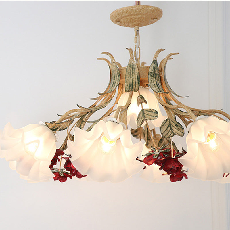 Traditional Farmhouse Iron Glass Floral Leaf Rose 4/6/9 Light Chandeliers For Living Room