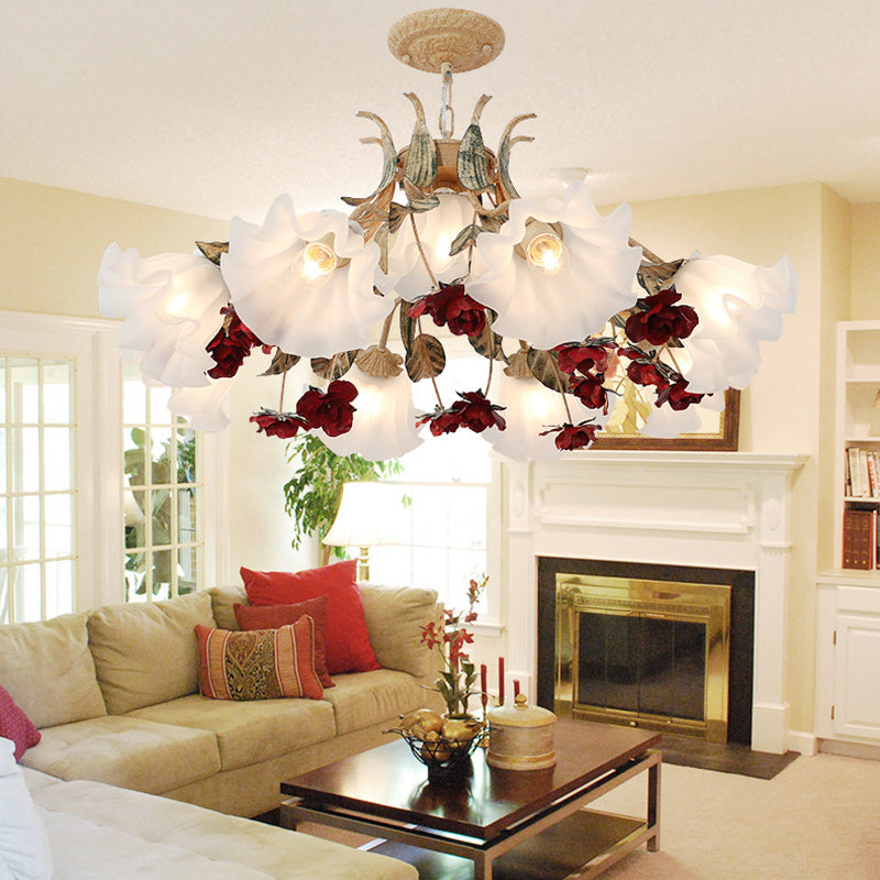 Traditional Farmhouse Iron Glass Floral Leaf Rose 4/6/9 Light Chandeliers For Living Room