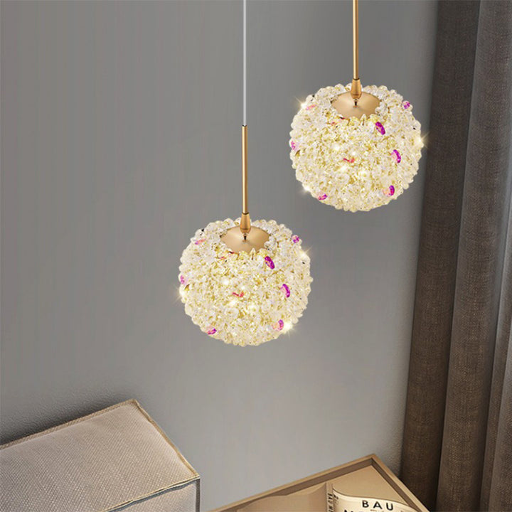 Lámpara Colgante Moderna de Lujo con Bola de Cristal y Hortensia Elevable de 1/2/3/5 Luces para la Mesita de Noche 