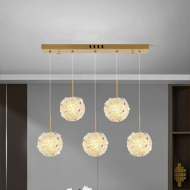 Lámpara Colgante Moderna de Lujo con Bola de Cristal y Hortensia Elevable de 1/2/3/5 Luces para la Mesita de Noche 