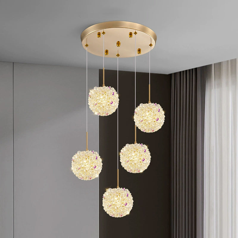 Modern Luxury Hardware Crystal Ball Hydrangea Liftable 1/2/3/5 Light Pendant Light For Bedside