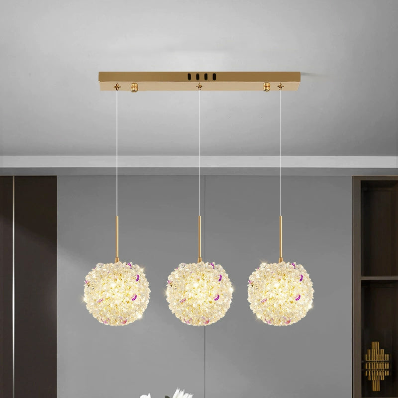Modern Luxury Hardware Crystal Ball Hydrangea Liftable 1/2/3/5 Light Pendant Light For Bedside