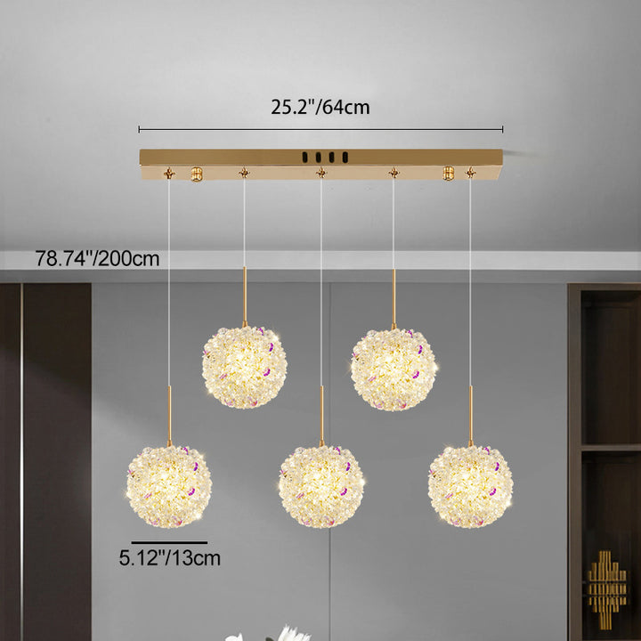 Lámpara Colgante Moderna de Lujo con Bola de Cristal y Hortensia Elevable de 1/2/3/5 Luces para la Mesita de Noche 