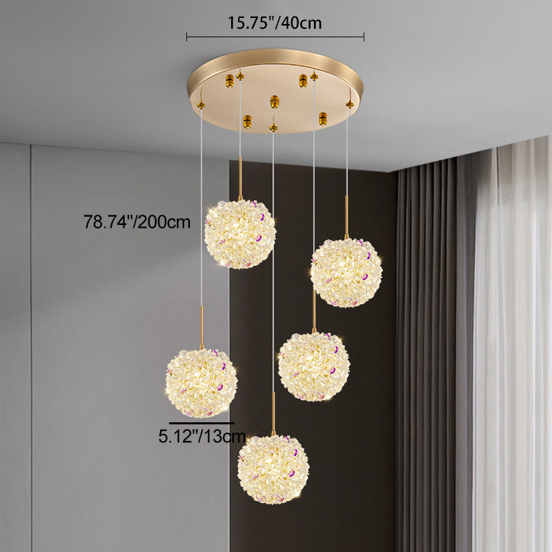Lámpara Colgante Moderna de Lujo con Bola de Cristal y Hortensia Elevable de 1/2/3/5 Luces para la Mesita de Noche 