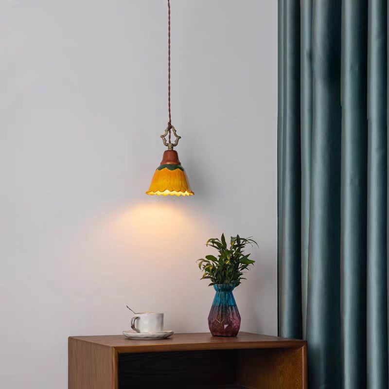 Traditional Japanese Ceramic Copper Wood Dome Floral 1-Light Pendant Light For Bedside